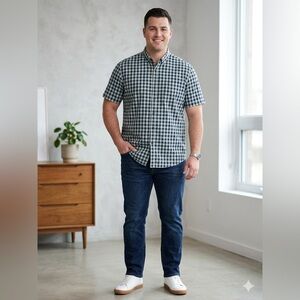 Denver Hayes Modern Fit Gingham Check Button-Down Shirt - Size 3XL Navy & Sage